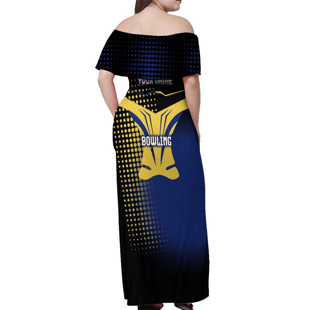 Personalized Blue and Yellow Bowling Off Shoulder Maxi Dress with Striking Pins Retro Dot Pattern Design - Wonder Print Shop