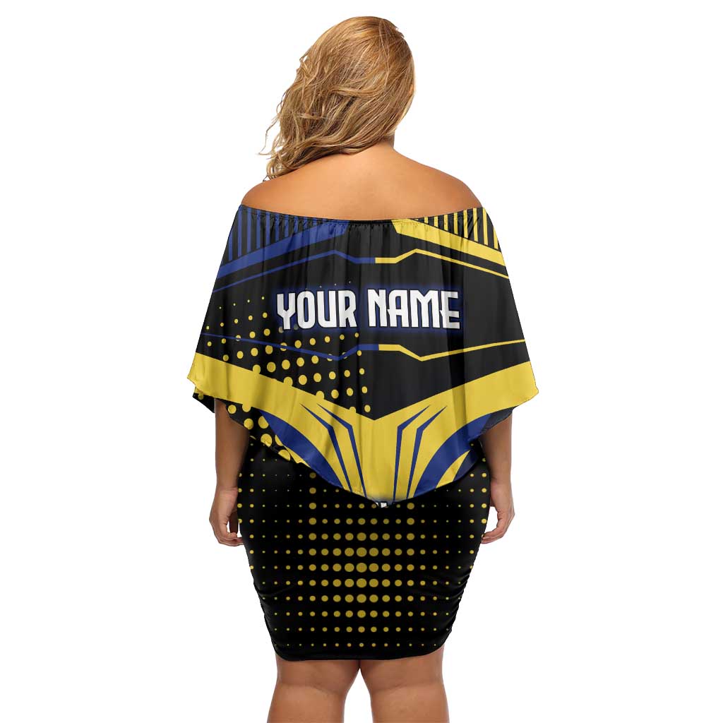 Personalized Blue and Yellow Bowling Off Shoulder Short Dress with Striking Pins Retro Dot Pattern Design - Wonder Print Shop