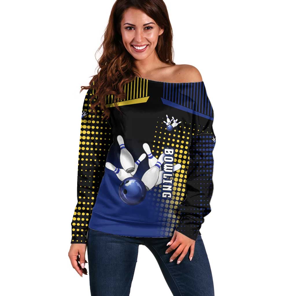 Personalized Blue and Yellow Bowling Off Shoulder Sweater with Striking Pins Retro Dot Pattern Design - Wonder Print Shop