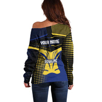 Personalized Blue and Yellow Bowling Off Shoulder Sweater with Striking Pins Retro Dot Pattern Design - Wonder Print Shop