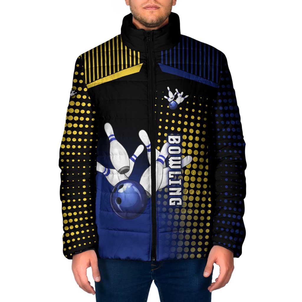 Personalized Blue and Yellow Bowling Padded Jacket with Striking Pins Retro Dot Pattern Design - Wonder Print Shop