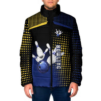 Personalized Blue and Yellow Bowling Padded Jacket with Striking Pins Retro Dot Pattern Design - Wonder Print Shop