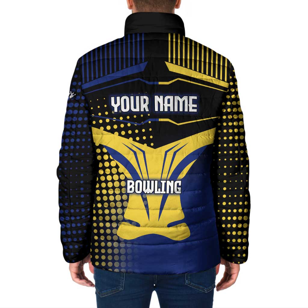 Personalized Blue and Yellow Bowling Padded Jacket with Striking Pins Retro Dot Pattern Design - Wonder Print Shop