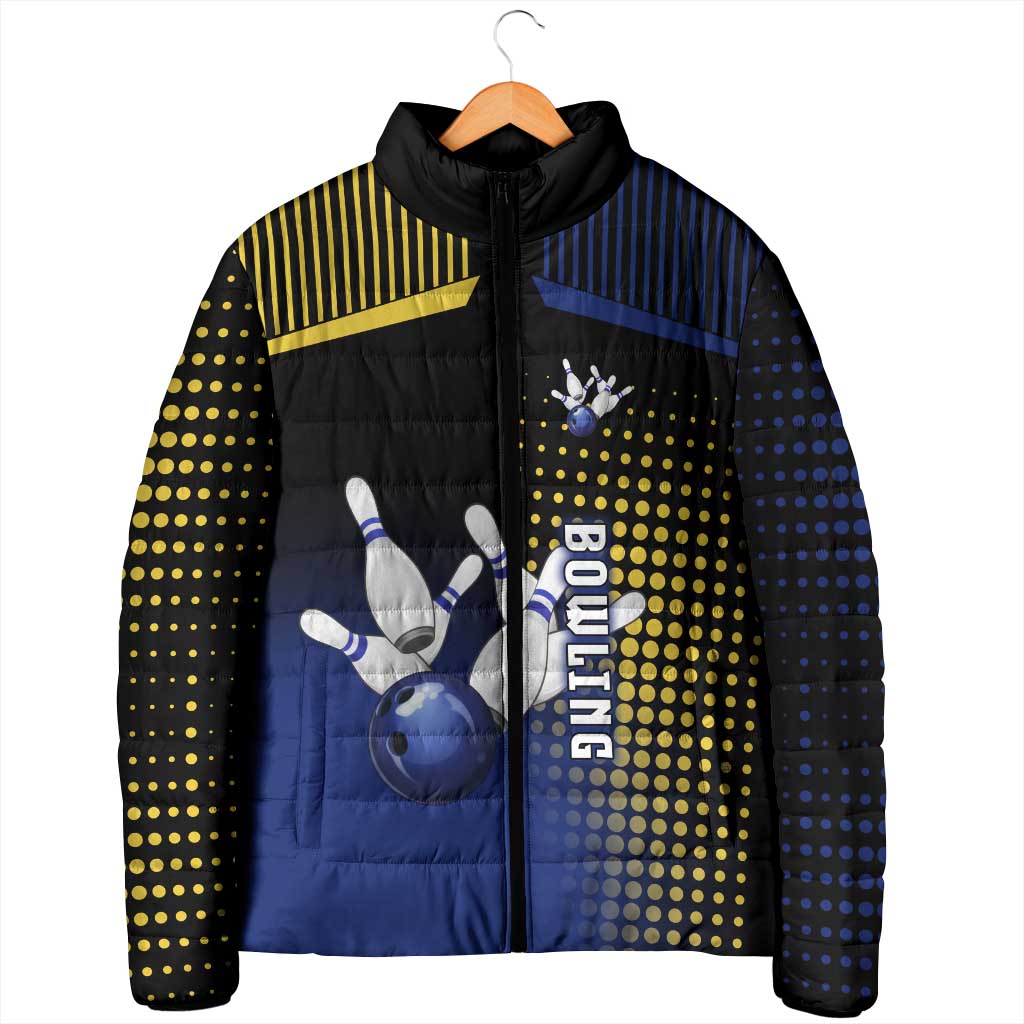 Personalized Blue and Yellow Bowling Padded Jacket with Striking Pins Retro Dot Pattern Design - Wonder Print Shop