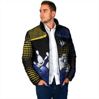 Personalized Blue and Yellow Bowling Padded Jacket with Striking Pins Retro Dot Pattern Design - Wonder Print Shop