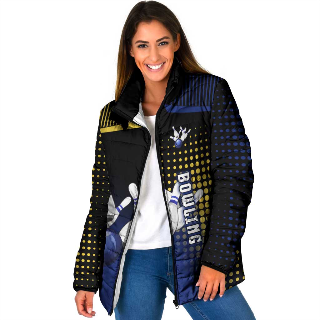 Personalized Blue and Yellow Bowling Padded Jacket with Striking Pins Retro Dot Pattern Design - Wonder Print Shop