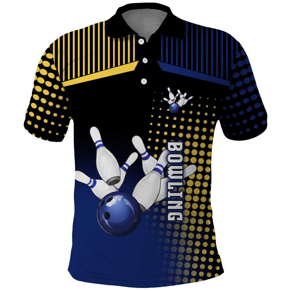 Personalized Blue and Yellow Bowling Polo Shirt with Striking Pins Retro Dot Pattern Design - Wonder Print Shop
