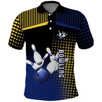Personalized Blue and Yellow Bowling Polo Shirt with Striking Pins Retro Dot Pattern Design - Wonder Print Shop