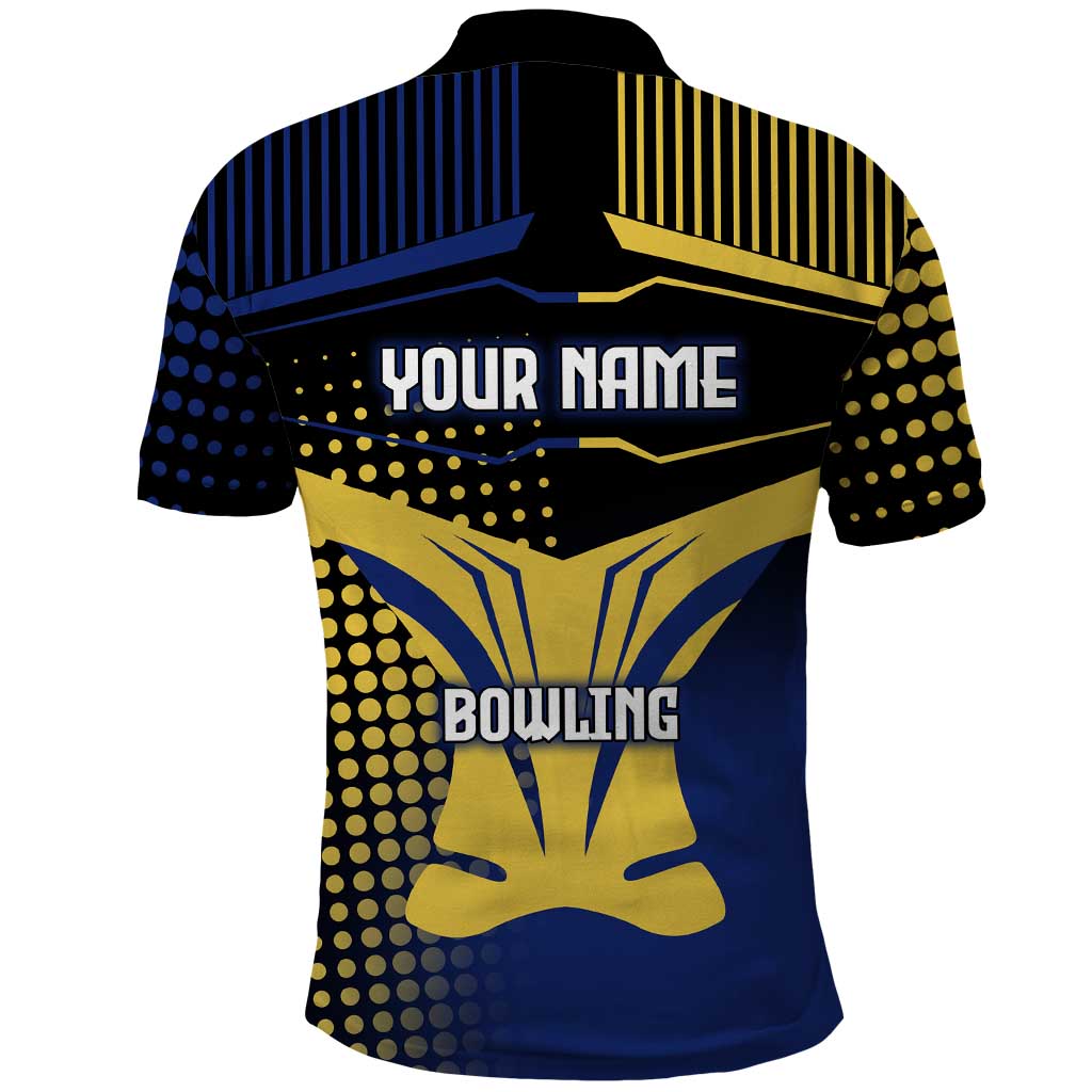 Personalized Blue and Yellow Bowling Polo Shirt with Striking Pins Retro Dot Pattern Design - Wonder Print Shop