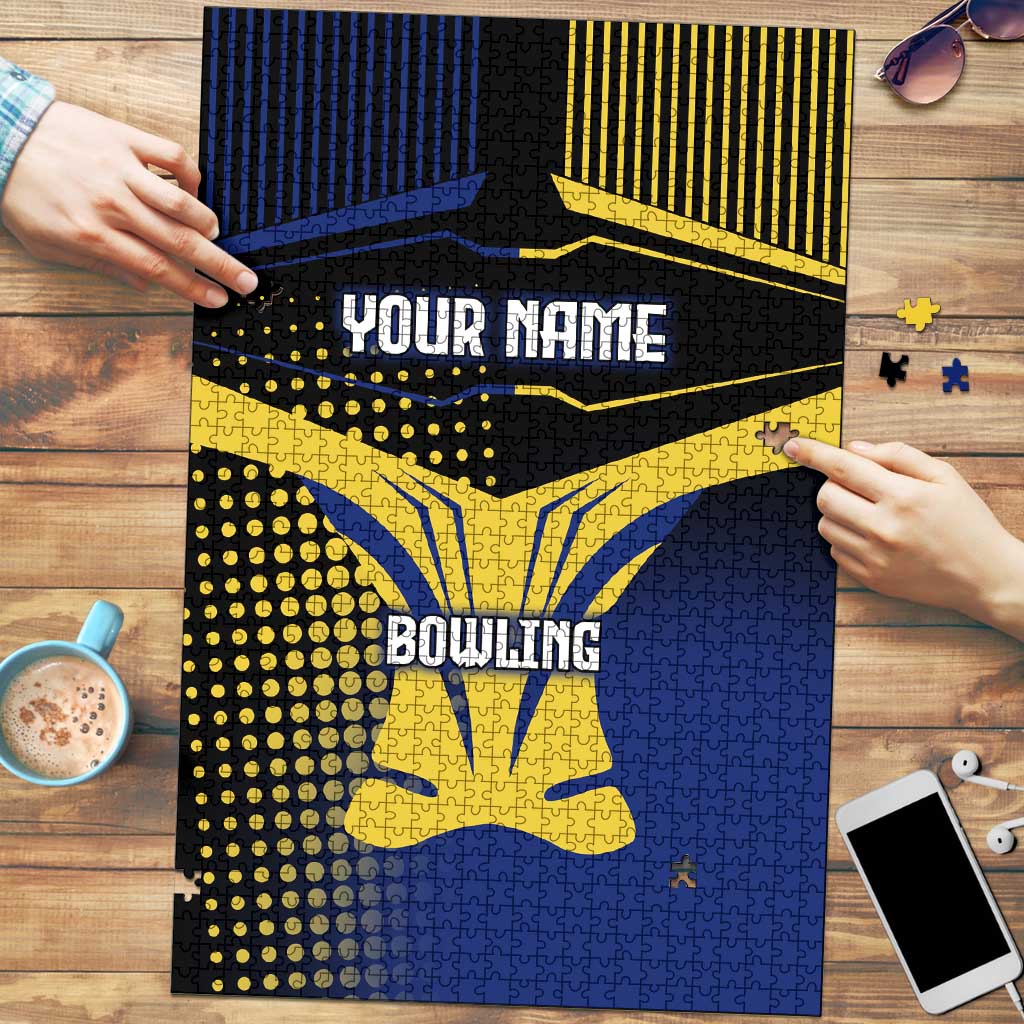 Personalized Blue and Yellow Bowling Puzzle with Striking Pins Retro Dot Pattern Design - Wonder Print Shop