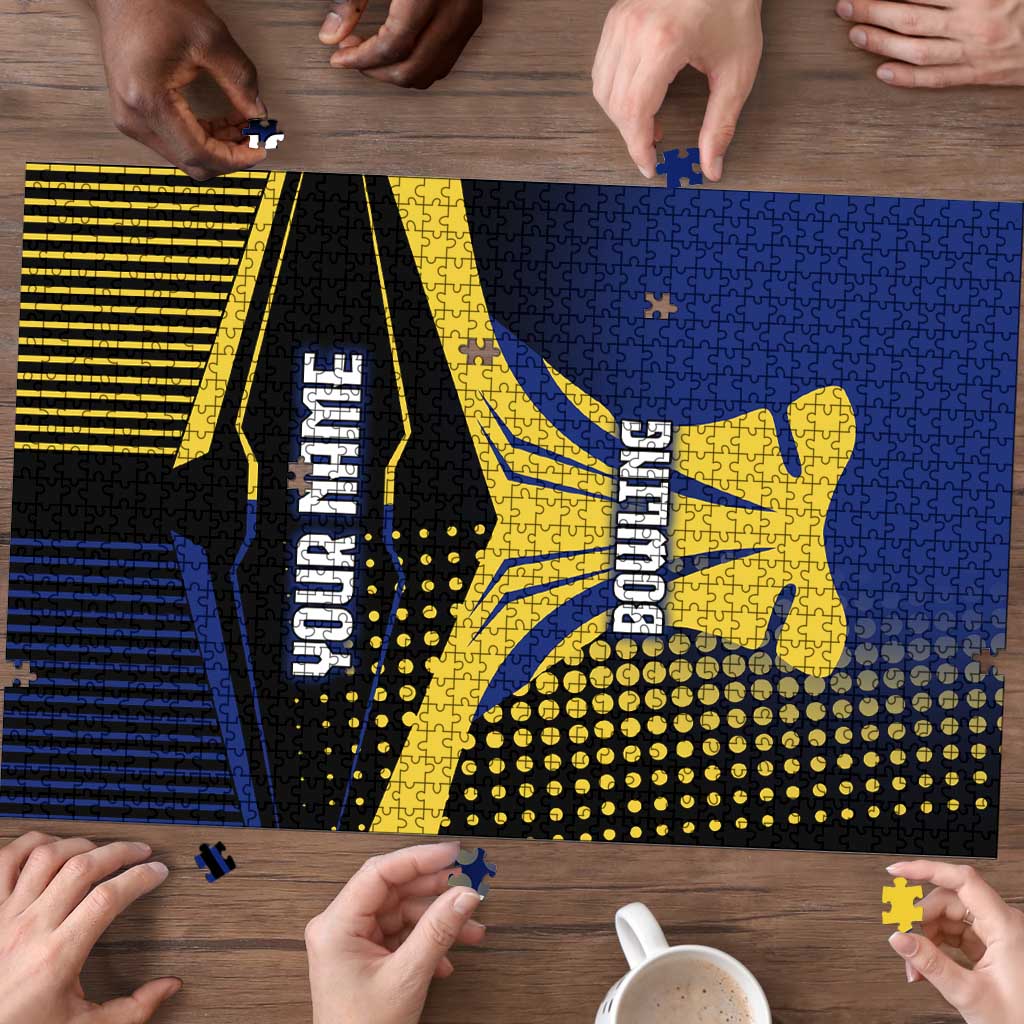 Personalized Blue and Yellow Bowling Puzzle with Striking Pins Retro Dot Pattern Design - Wonder Print Shop
