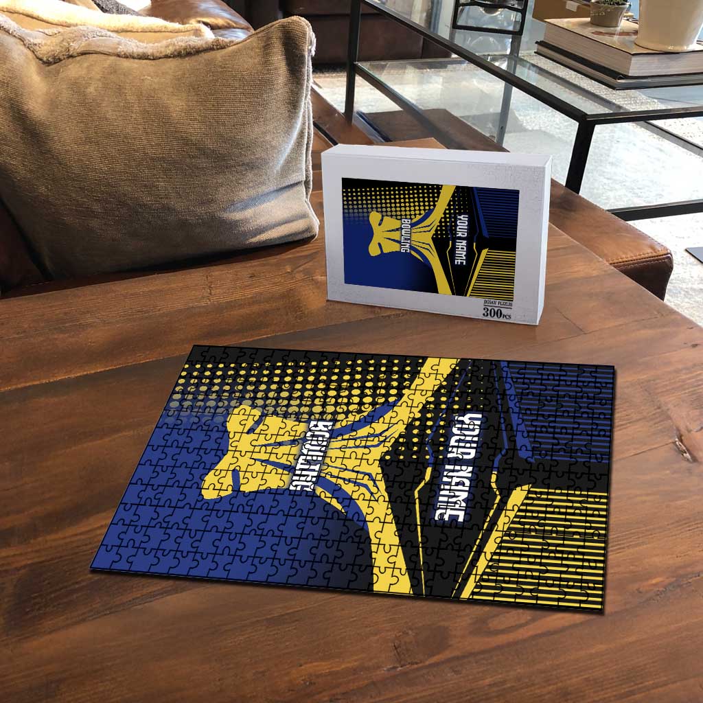 Personalized Blue and Yellow Bowling Puzzle with Striking Pins Retro Dot Pattern Design - Wonder Print Shop