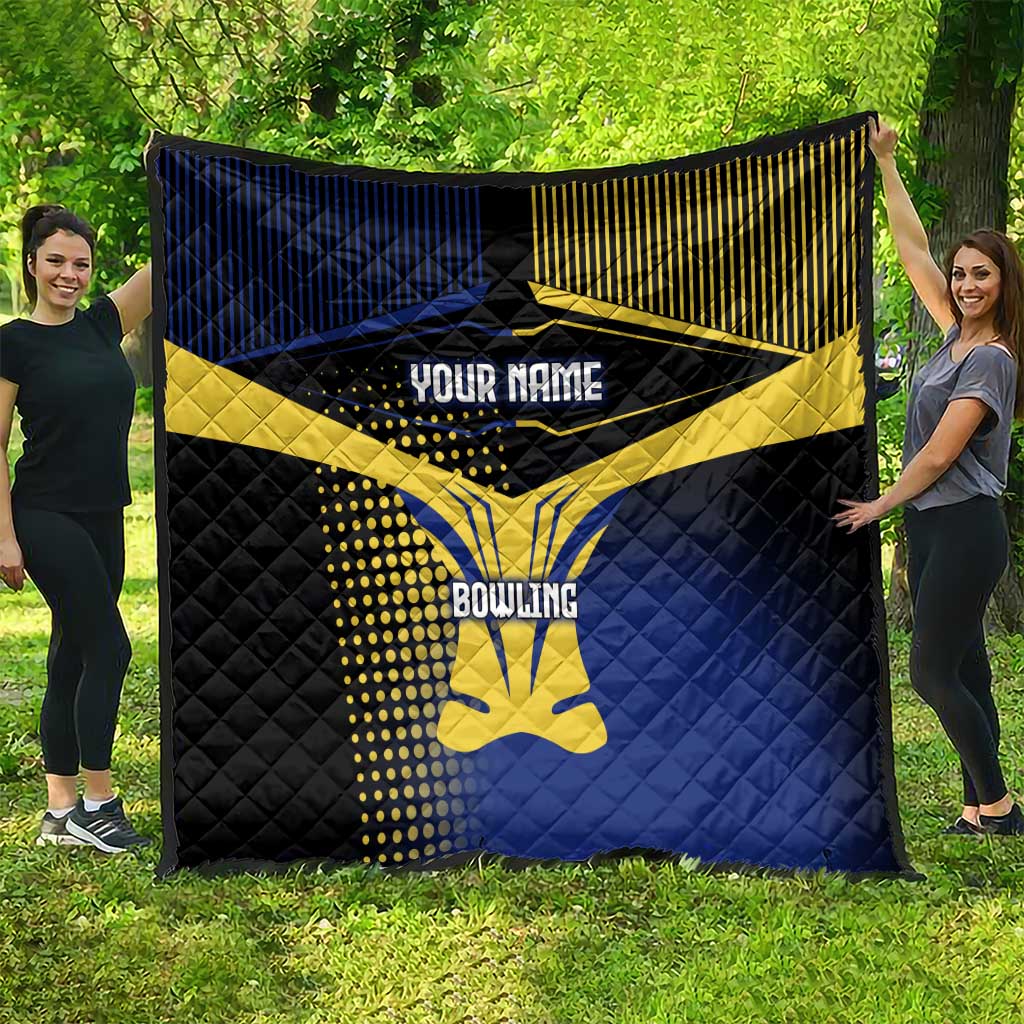 Personalized Blue and Yellow Bowling Quilt with Striking Pins Retro Dot Pattern Design - Wonder Print Shop