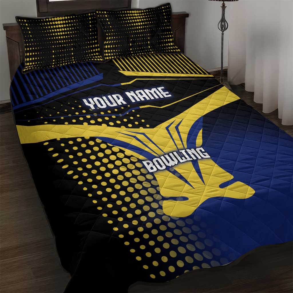 Personalized Blue and Yellow Bowling Quilt Bed Set with Striking Pins Retro Dot Pattern Design - Wonder Print Shop