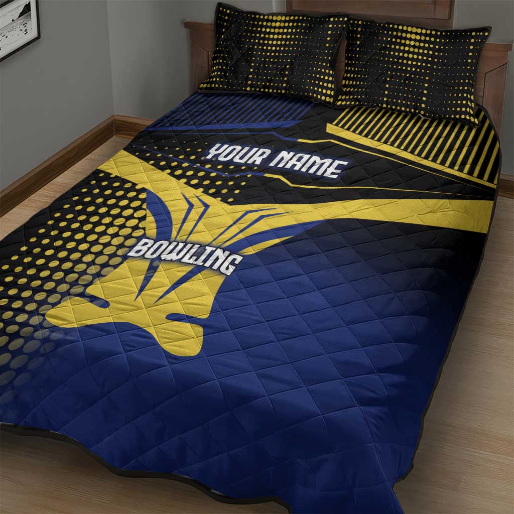 Personalized Blue and Yellow Bowling Quilt Bed Set with Striking Pins Retro Dot Pattern Design - Wonder Print Shop