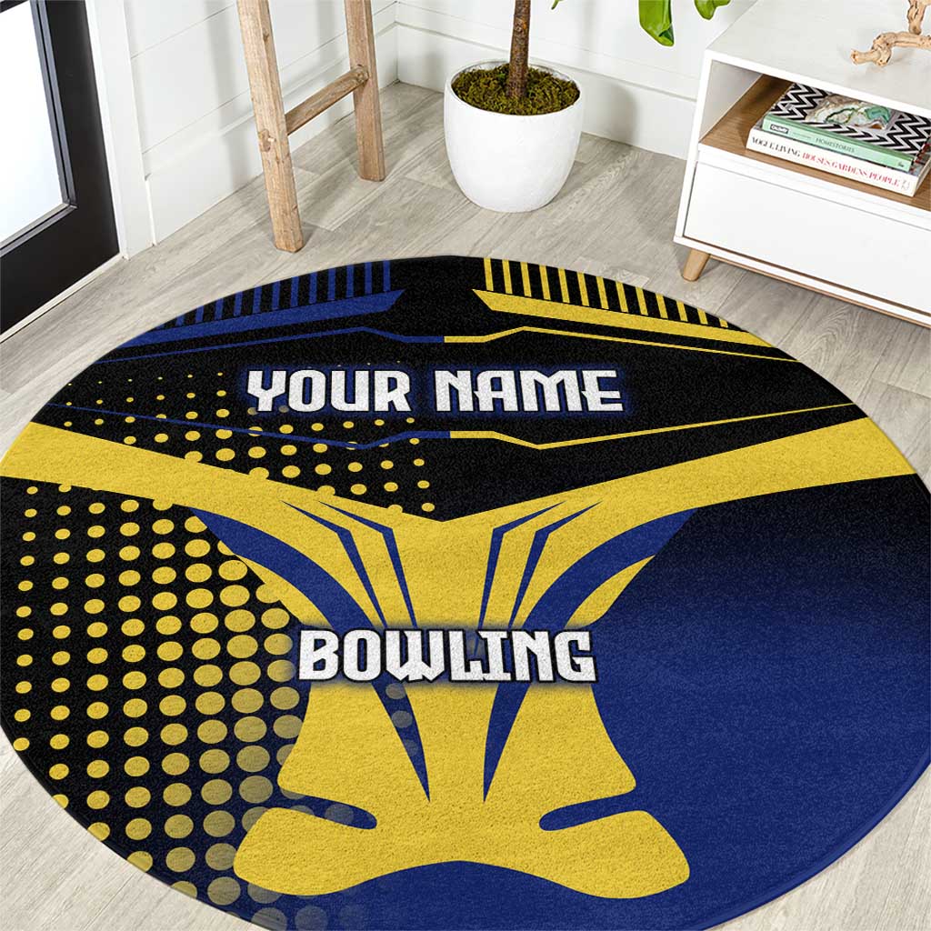 Personalized Blue and Yellow Bowling Round Carpet with Striking Pins Retro Dot Pattern Design - Wonder Print Shop