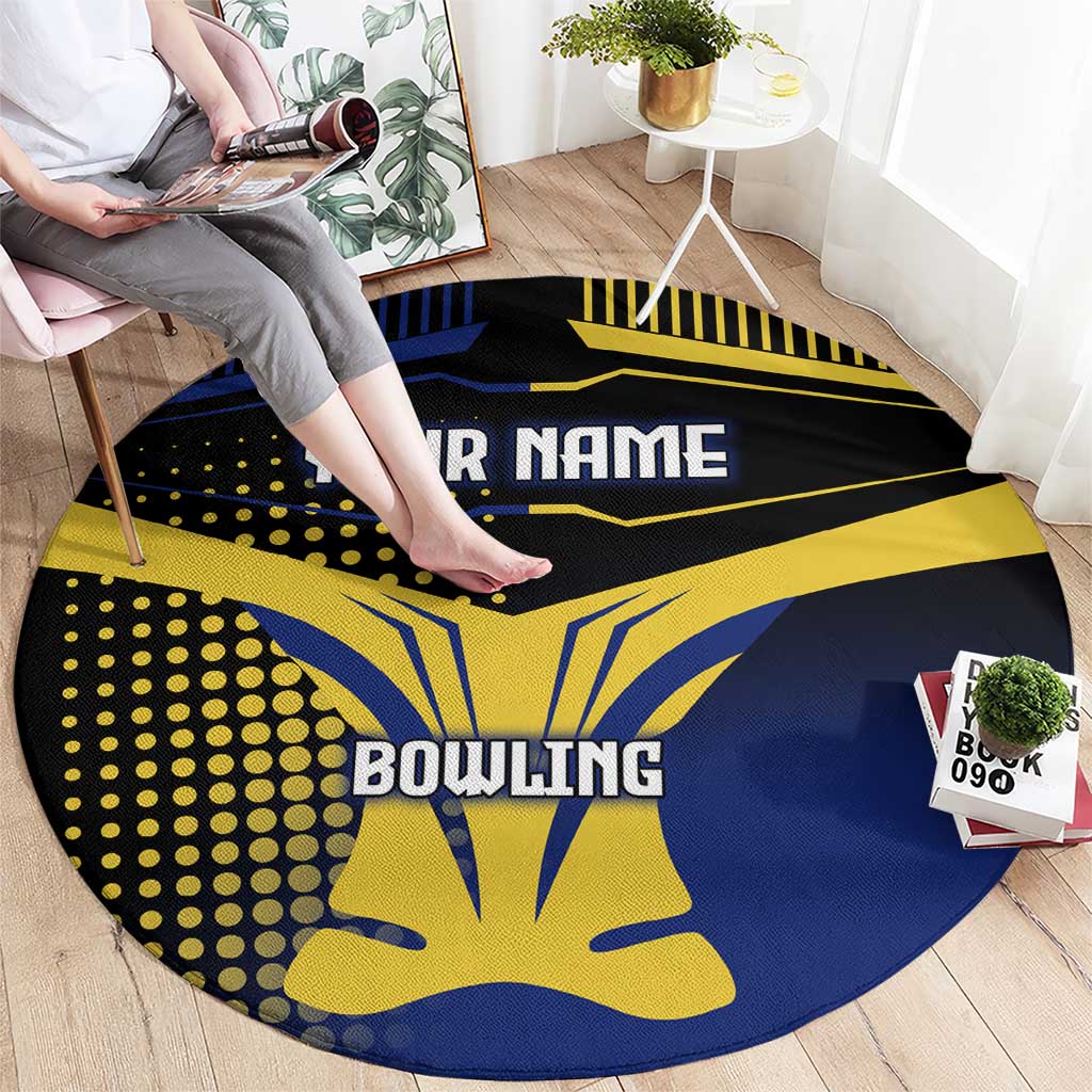Personalized Blue and Yellow Bowling Round Carpet with Striking Pins Retro Dot Pattern Design - Wonder Print Shop