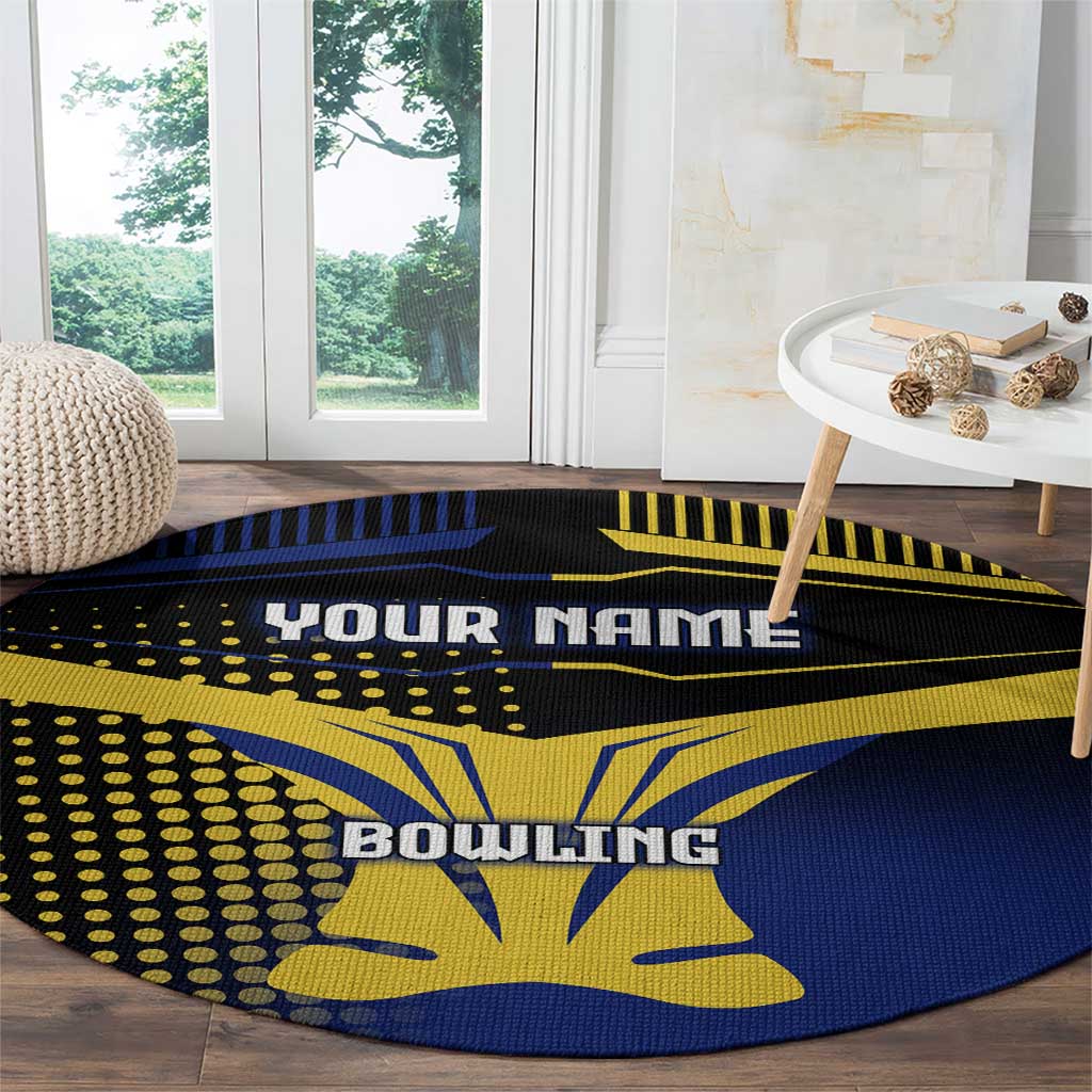 Personalized Blue and Yellow Bowling Round Carpet with Striking Pins Retro Dot Pattern Design - Wonder Print Shop
