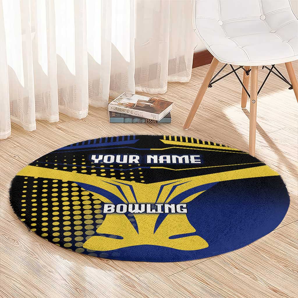 Personalized Blue and Yellow Bowling Round Carpet with Striking Pins Retro Dot Pattern Design - Wonder Print Shop