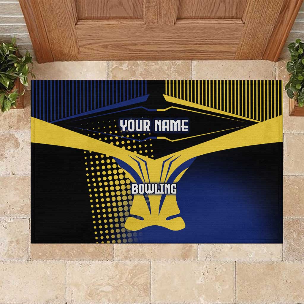Personalized Blue and Yellow Bowling Rubber Doormat with Striking Pins Retro Dot Pattern Design - Wonder Print Shop