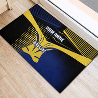 Personalized Blue and Yellow Bowling Rubber Doormat with Striking Pins Retro Dot Pattern Design - Wonder Print Shop