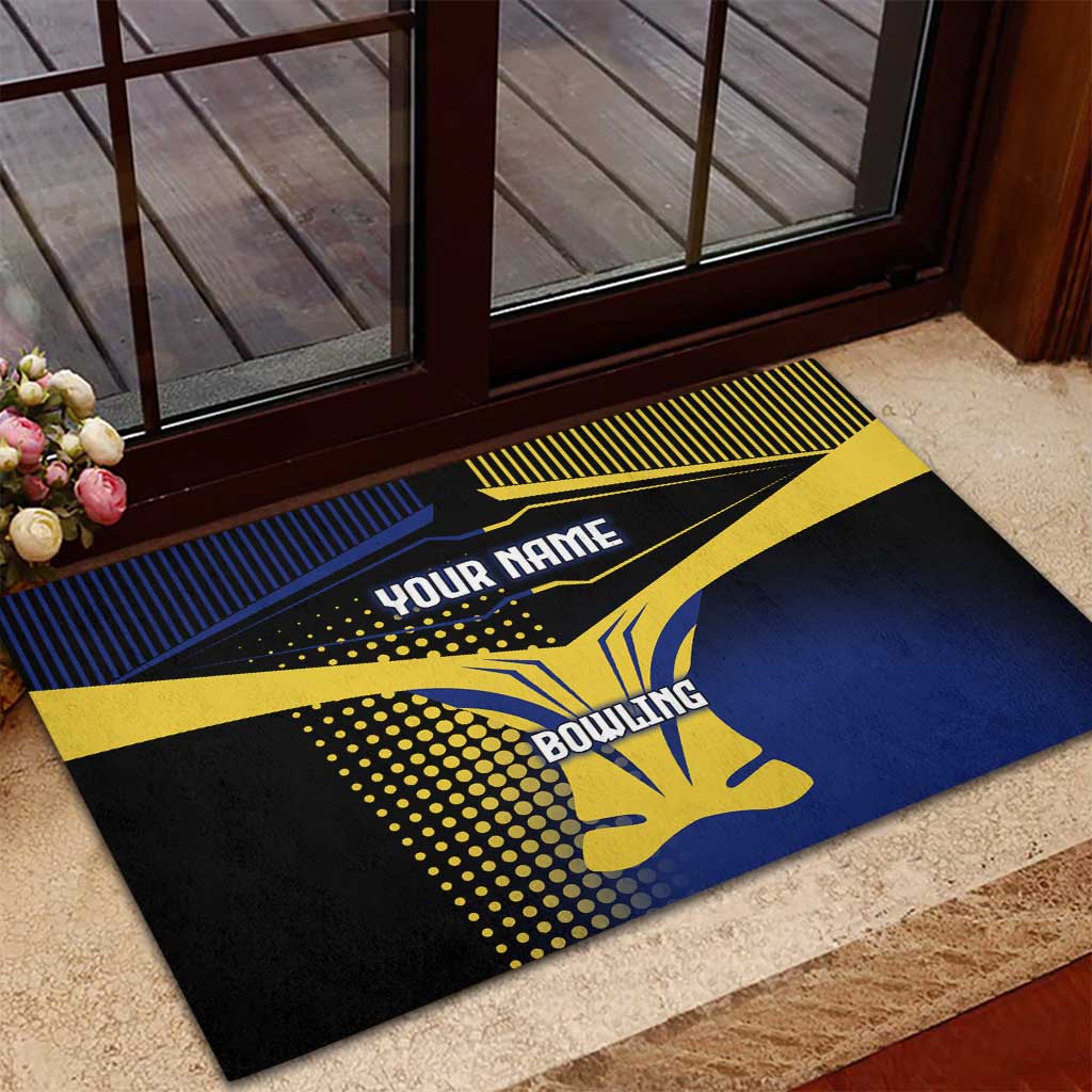 Personalized Blue and Yellow Bowling Rubber Doormat with Striking Pins Retro Dot Pattern Design - Wonder Print Shop
