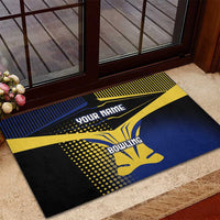 Personalized Blue and Yellow Bowling Rubber Doormat with Striking Pins Retro Dot Pattern Design - Wonder Print Shop