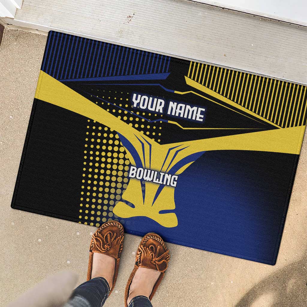 Personalized Blue and Yellow Bowling Rubber Doormat with Striking Pins Retro Dot Pattern Design - Wonder Print Shop