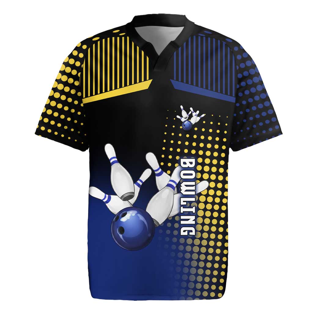 Personalized Blue and Yellow Bowling Rugby Jersey with Striking Pins Retro Dot Pattern Design - Wonder Print Shop