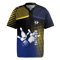 Personalized Blue and Yellow Bowling Rugby Jersey with Striking Pins Retro Dot Pattern Design - Wonder Print Shop