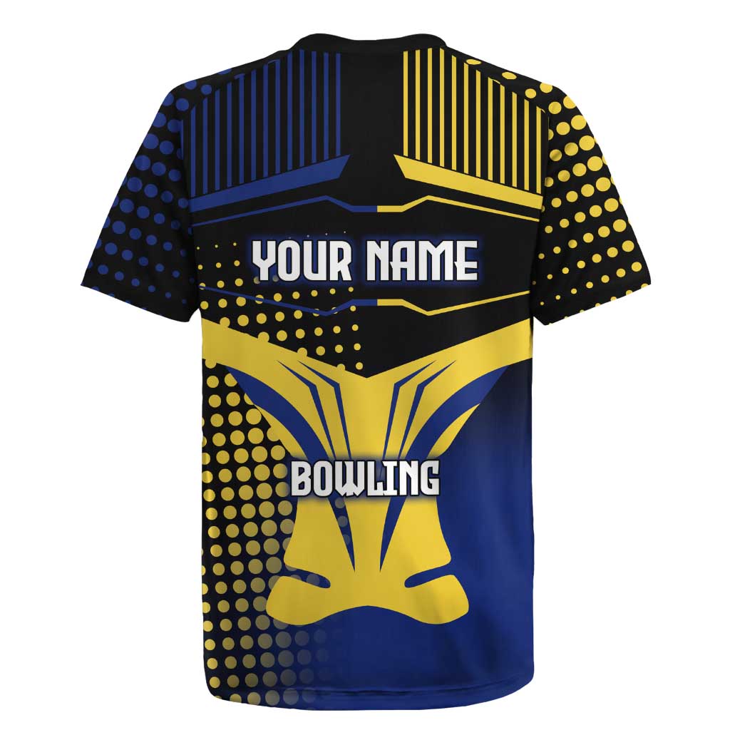Personalized Blue and Yellow Bowling Rugby Jersey with Striking Pins Retro Dot Pattern Design - Wonder Print Shop