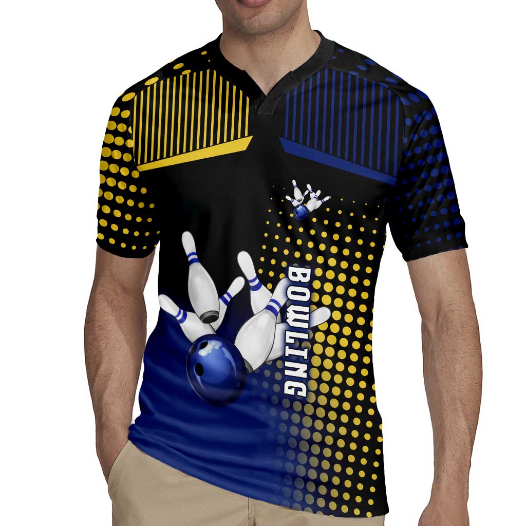 Personalized Blue and Yellow Bowling Rugby Jersey with Striking Pins Retro Dot Pattern Design - Wonder Print Shop