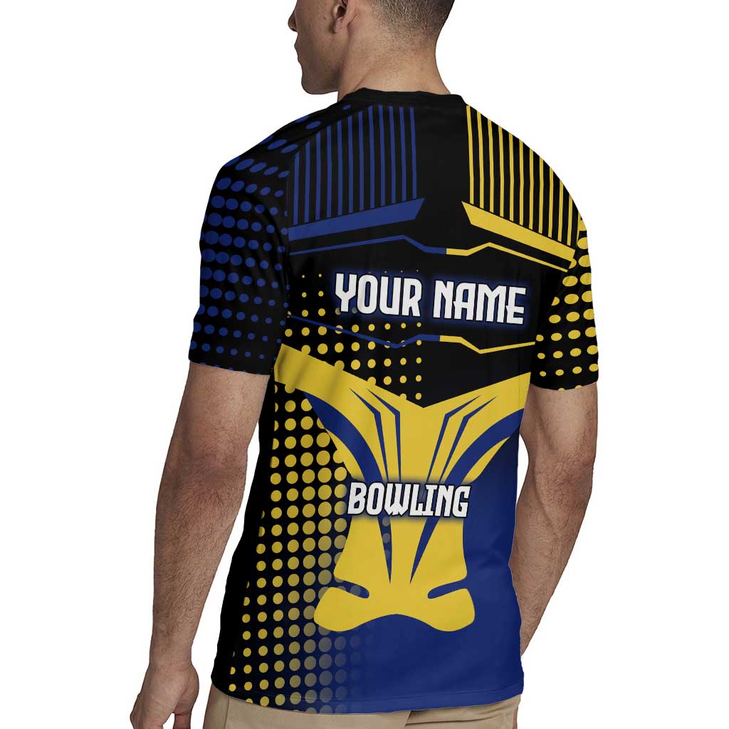 Personalized Blue and Yellow Bowling Rugby Jersey with Striking Pins Retro Dot Pattern Design - Wonder Print Shop