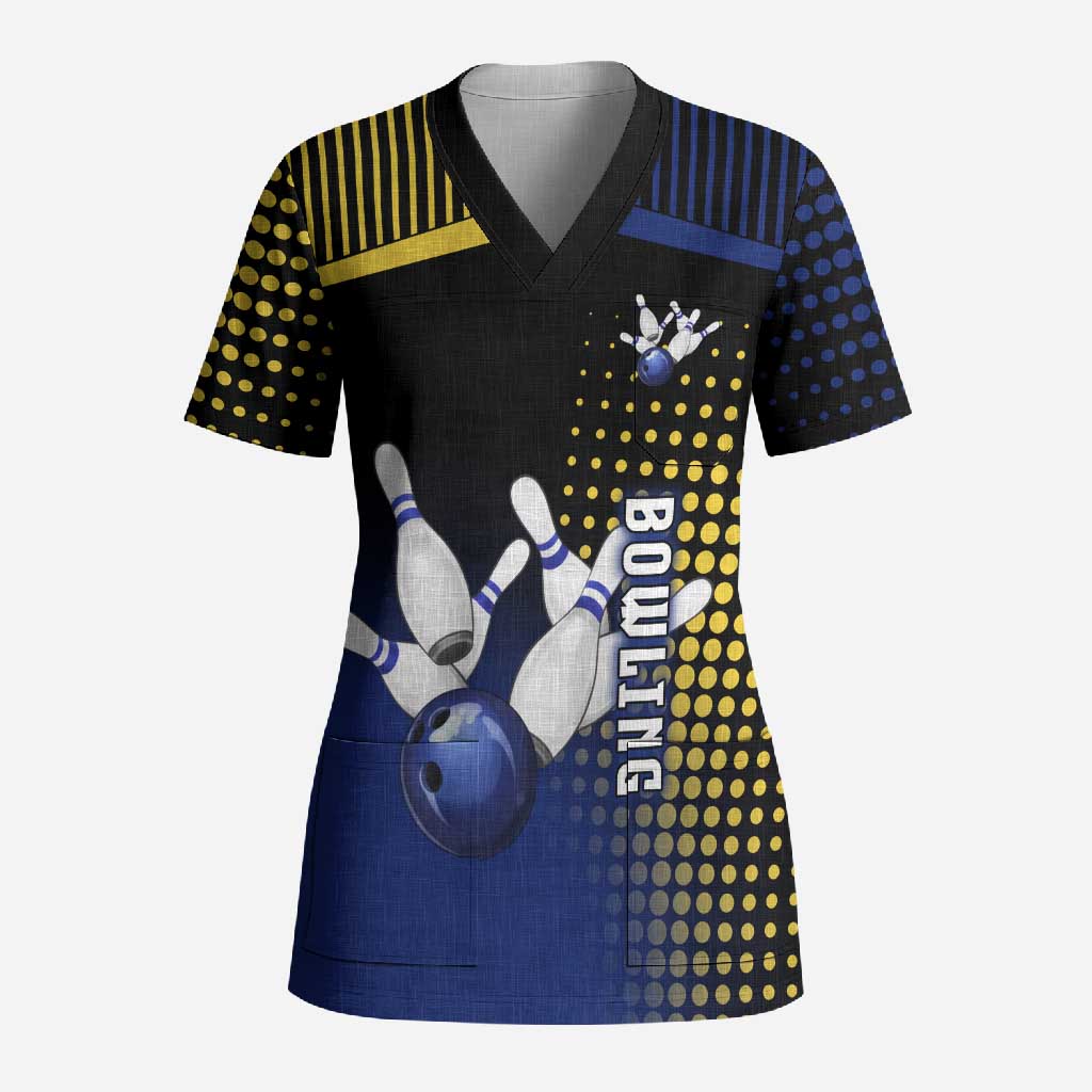 Personalized Blue and Yellow Bowling Scrub Top with Striking Pins Retro Dot Pattern Design - Wonder Print Shop