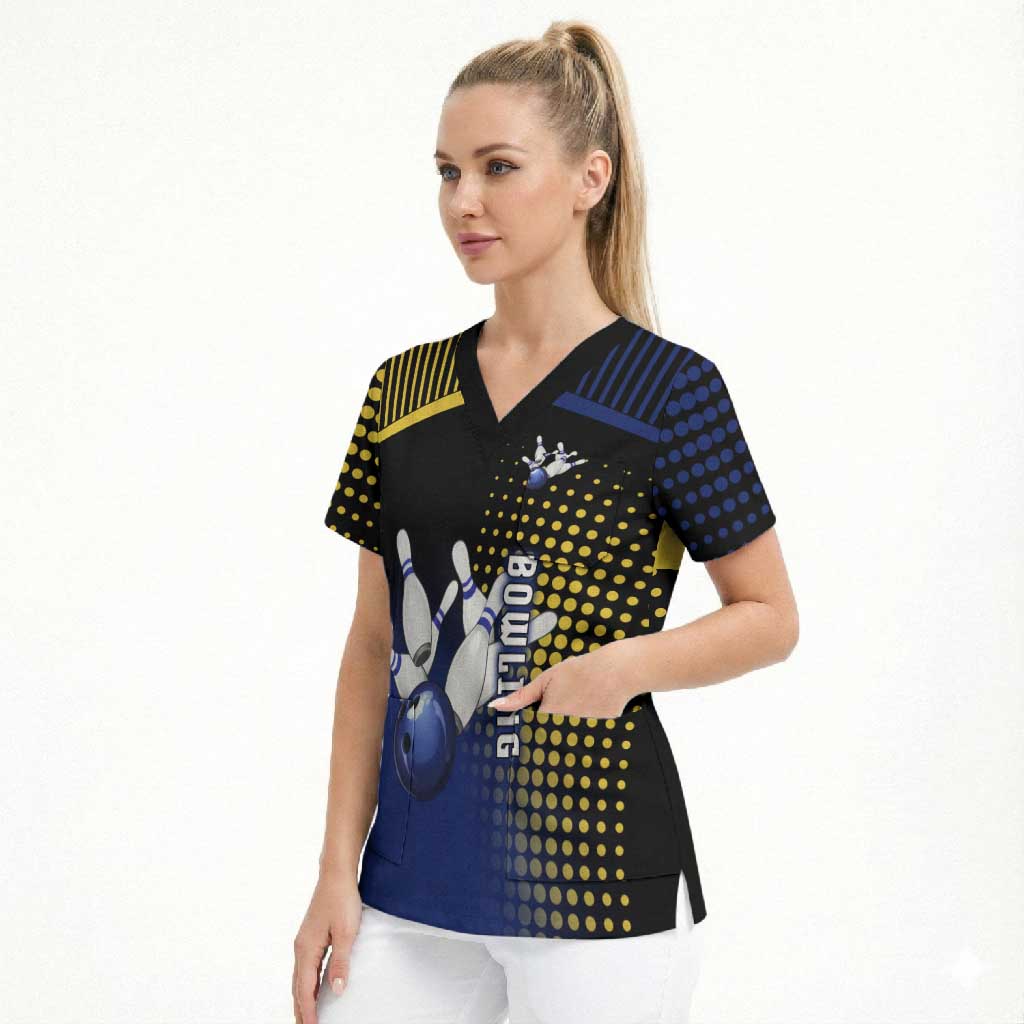 Personalized Blue and Yellow Bowling Scrub Top with Striking Pins Retro Dot Pattern Design - Wonder Print Shop
