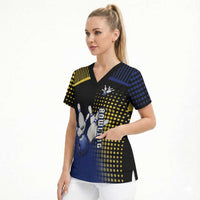 Personalized Blue and Yellow Bowling Scrub Top with Striking Pins Retro Dot Pattern Design - Wonder Print Shop
