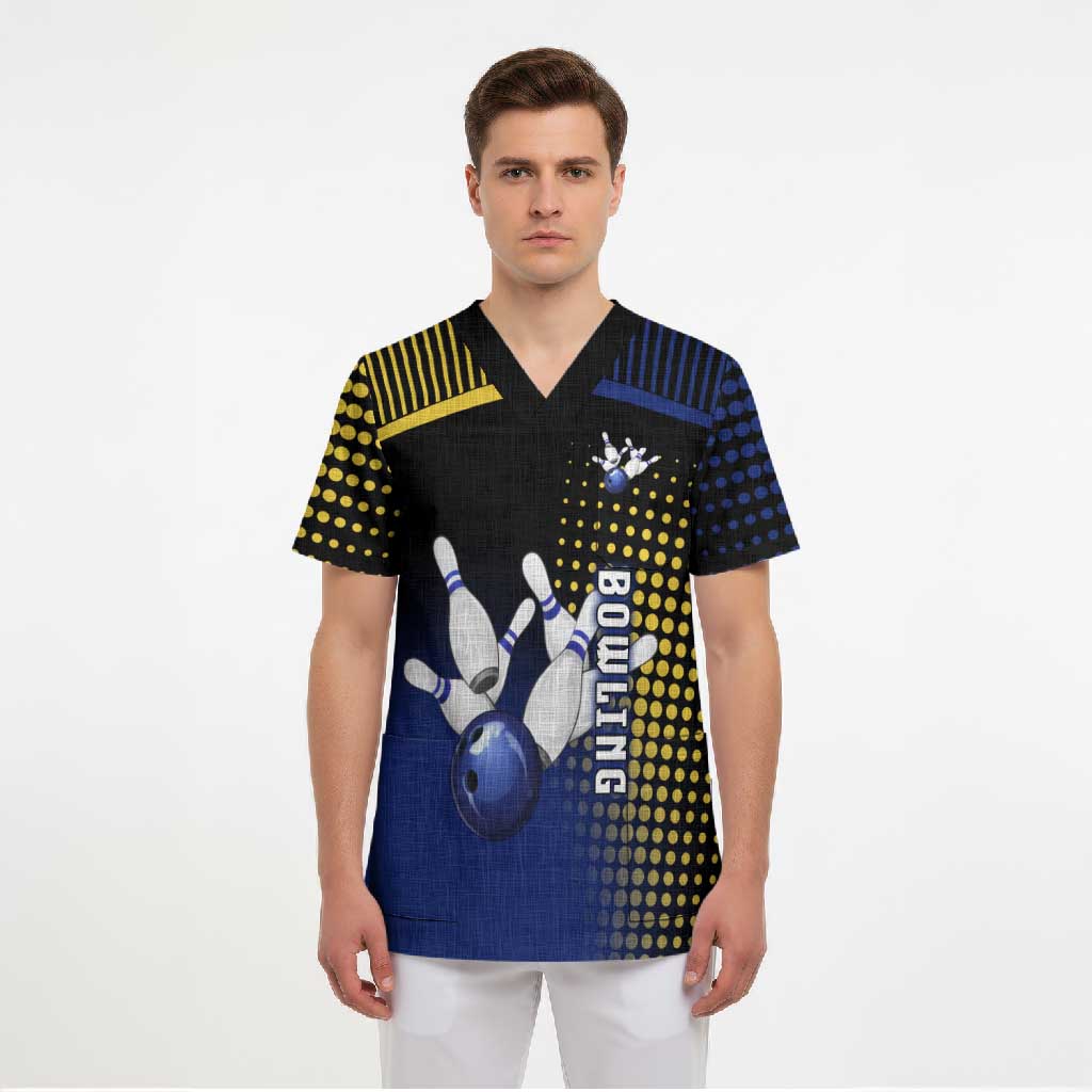 Personalized Blue and Yellow Bowling Scrub Top with Striking Pins Retro Dot Pattern Design - Wonder Print Shop