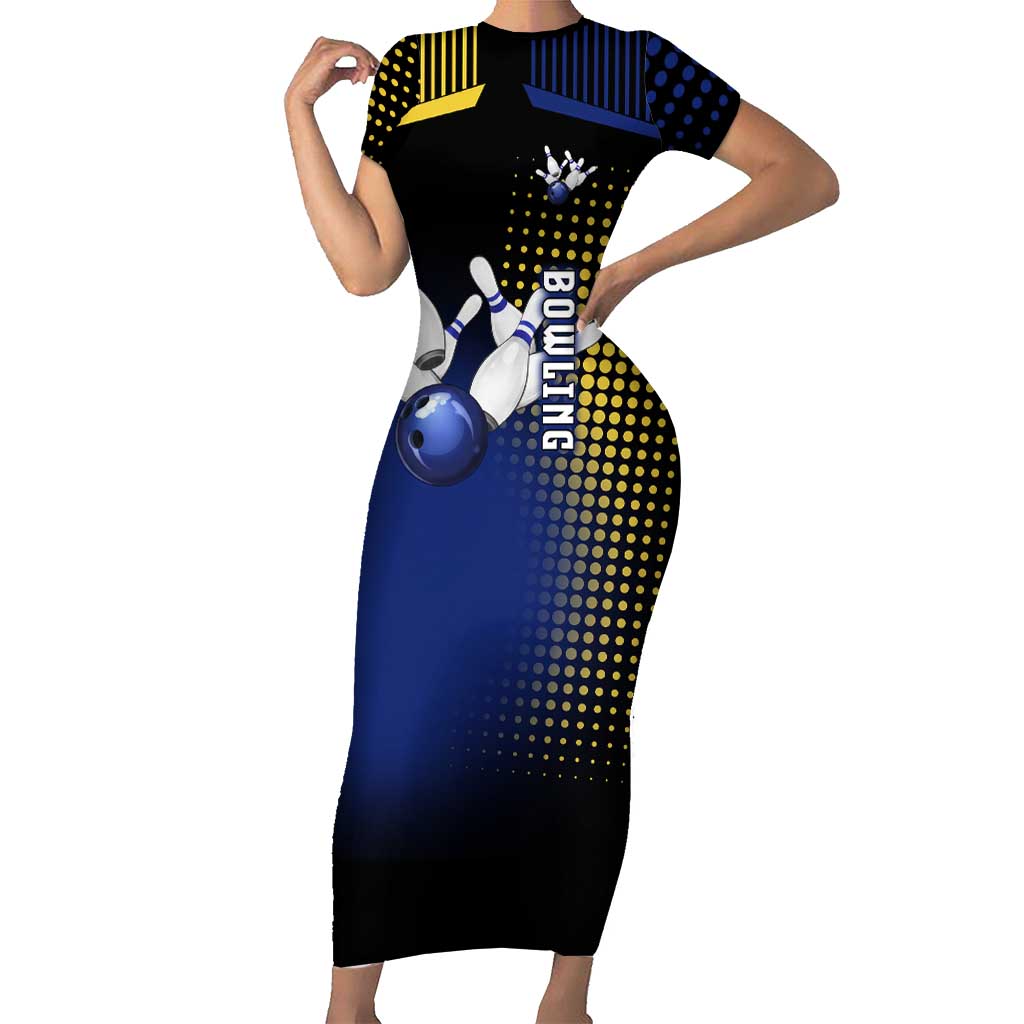 Personalized Blue and Yellow Bowling Short Sleeve Bodycon Dress with Striking Pins Retro Dot Pattern Design - Wonder Print Shop