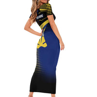 Personalized Blue and Yellow Bowling Short Sleeve Bodycon Dress with Striking Pins Retro Dot Pattern Design - Wonder Print Shop