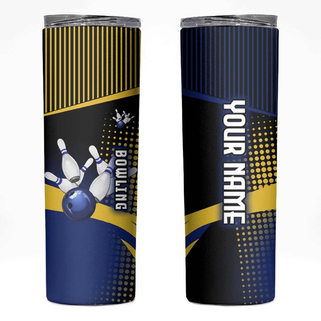 Personalized Blue and Yellow Bowling Skinny Tumbler with Striking Pins Retro Dot Pattern Design - Wonder Print Shop