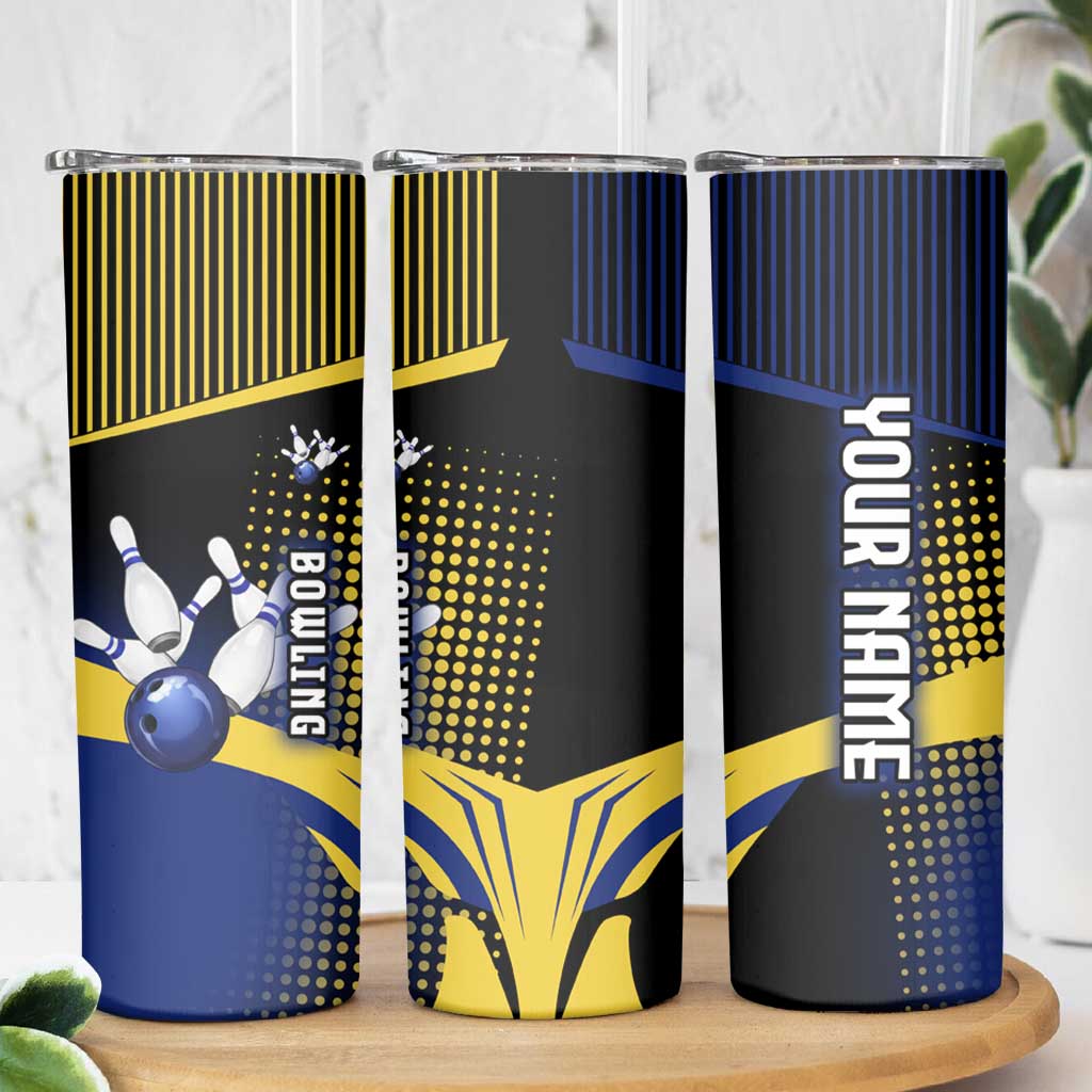 Personalized Blue and Yellow Bowling Skinny Tumbler with Striking Pins Retro Dot Pattern Design - Wonder Print Shop