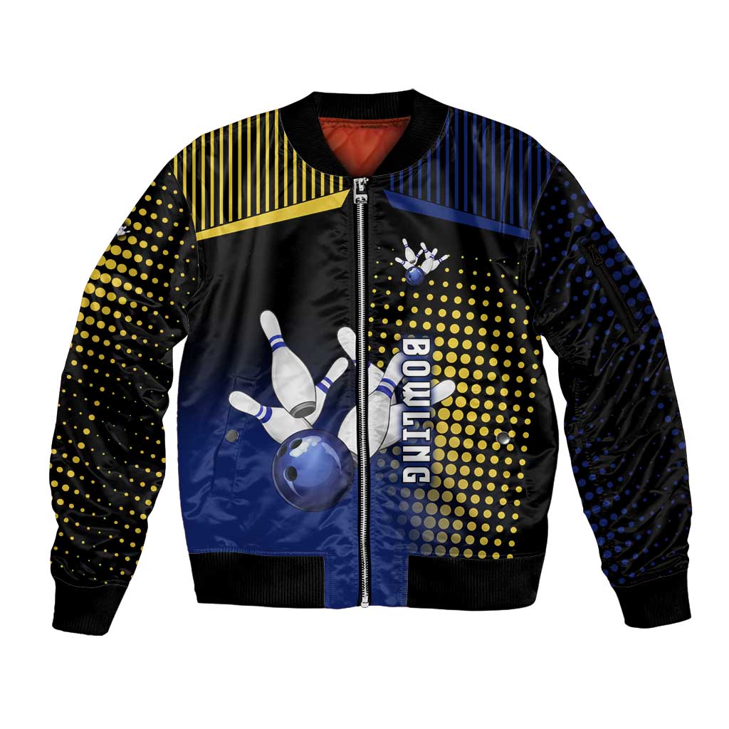 Personalized Blue and Yellow Bowling Sleeve Zip Bomber Jacket with Striking Pins Retro Dot Pattern Design - Wonder Print Shop