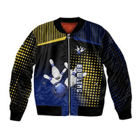 Personalized Blue and Yellow Bowling Sleeve Zip Bomber Jacket with Striking Pins Retro Dot Pattern Design - Wonder Print Shop