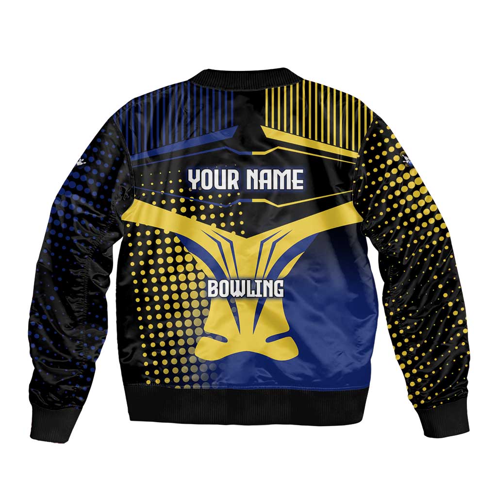 Personalized Blue and Yellow Bowling Sleeve Zip Bomber Jacket with Striking Pins Retro Dot Pattern Design - Wonder Print Shop