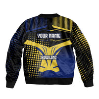 Personalized Blue and Yellow Bowling Sleeve Zip Bomber Jacket with Striking Pins Retro Dot Pattern Design - Wonder Print Shop