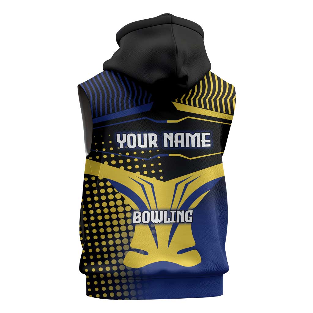 Personalized Blue and Yellow Bowling Sleeveless Hoodie with Striking Pins Retro Dot Pattern Design - Wonder Print Shop