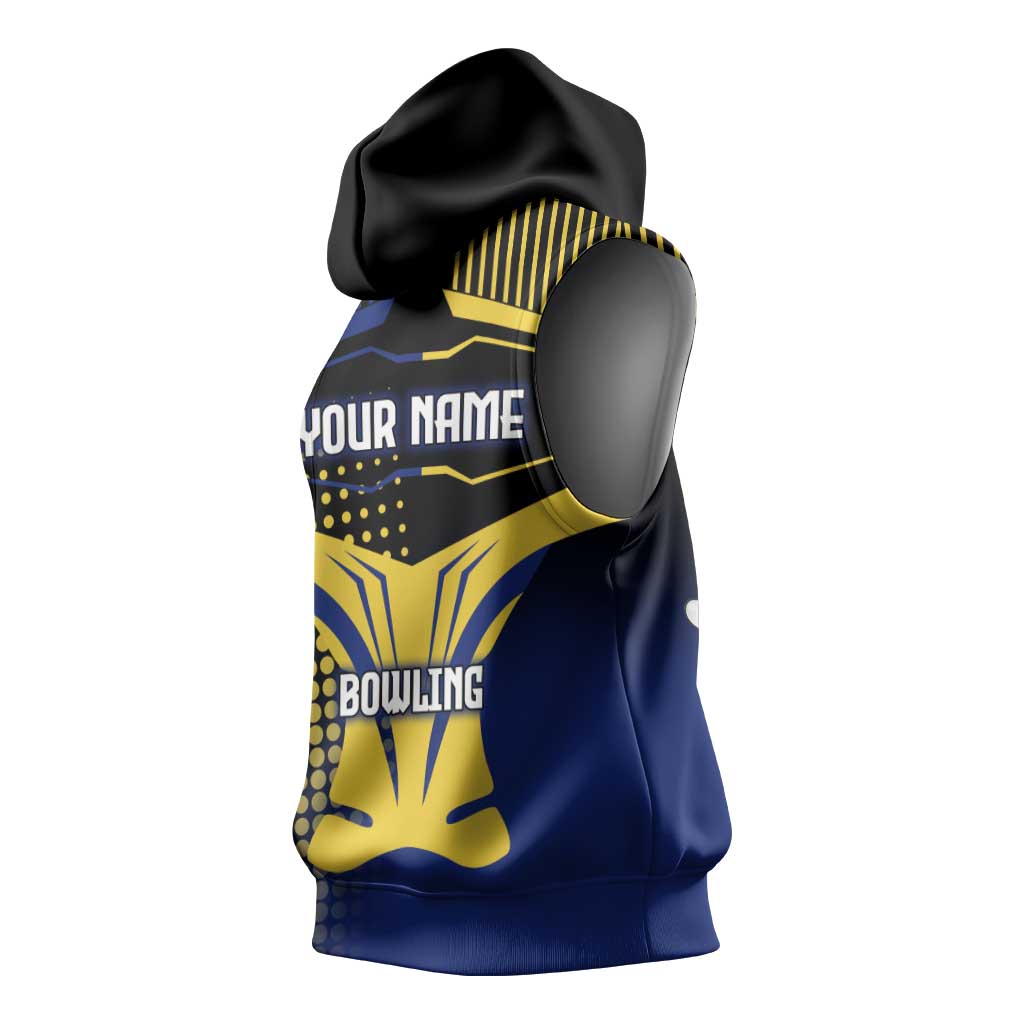 Personalized Blue and Yellow Bowling Sleeveless Hoodie with Striking Pins Retro Dot Pattern Design - Wonder Print Shop