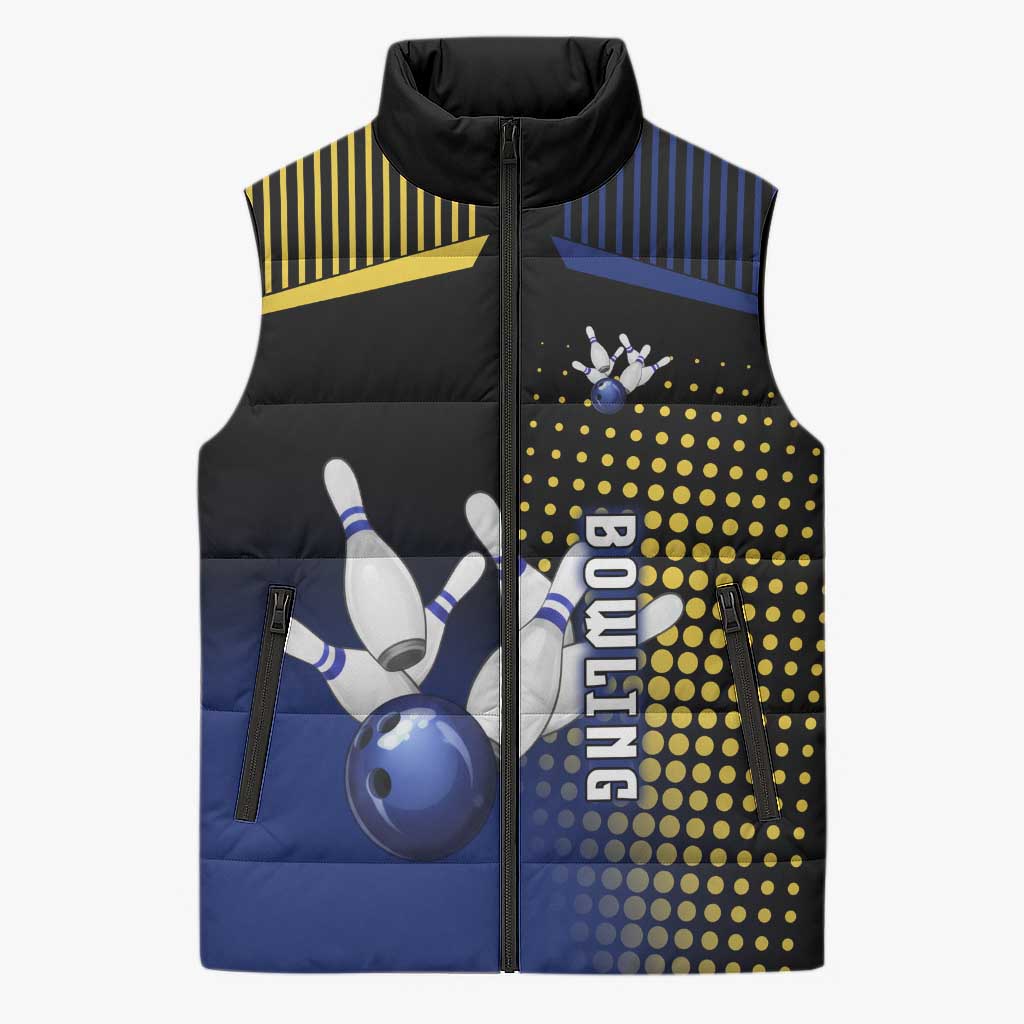 Personalized Blue and Yellow Bowling Sleeveless Puffer Jacket with Striking Pins Retro Dot Pattern Design - Wonder Print Shop