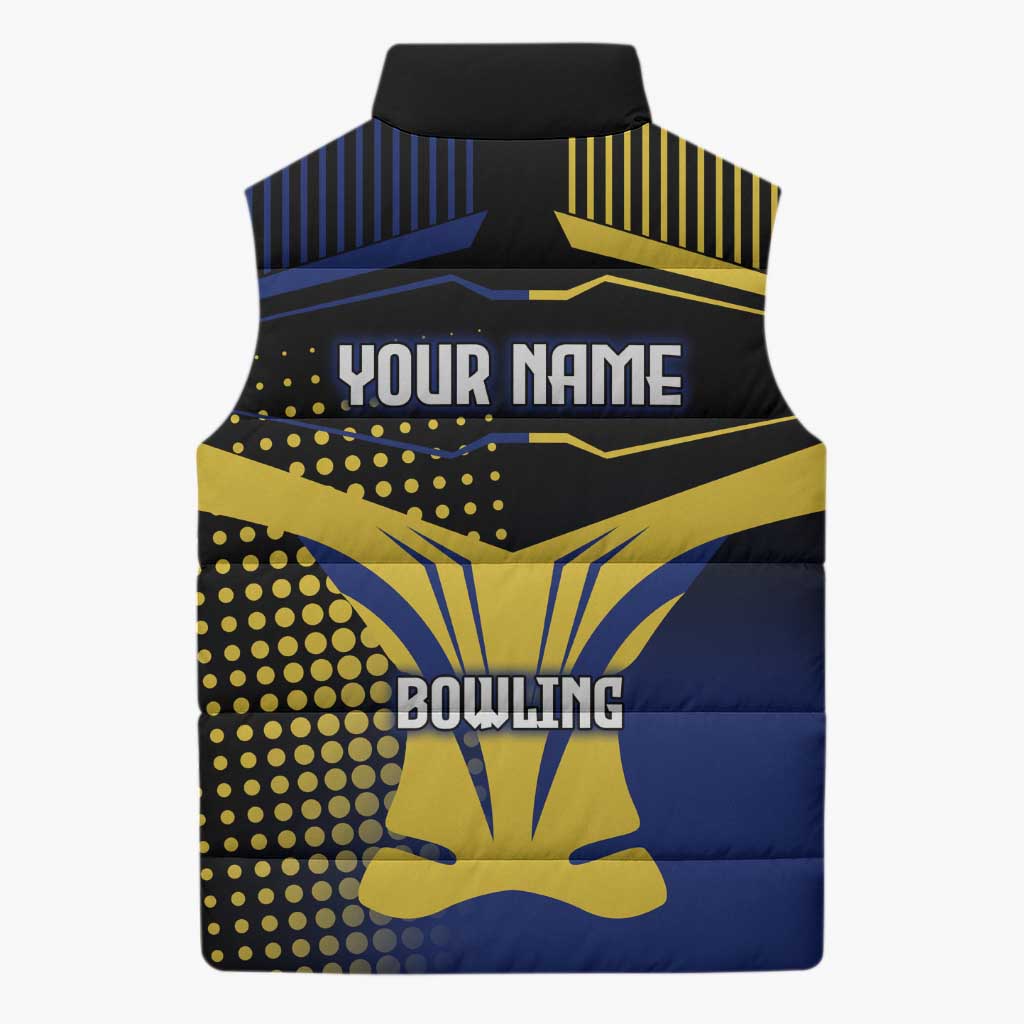 Personalized Blue and Yellow Bowling Sleeveless Puffer Jacket with Striking Pins Retro Dot Pattern Design - Wonder Print Shop