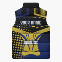 Personalized Blue and Yellow Bowling Sleeveless Puffer Jacket with Striking Pins Retro Dot Pattern Design - Wonder Print Shop